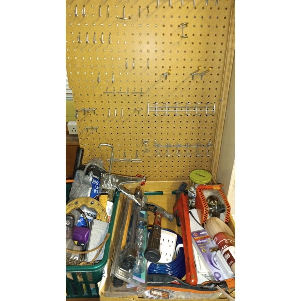 Peg Board w/ variety of Garage & Shop Items  w/Lucky Horseshoe!