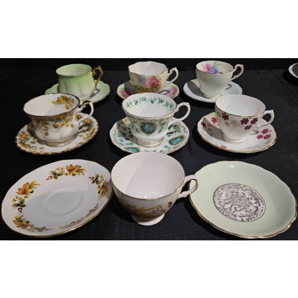 Bone China Teacups and Saucers, Floral Designs, 9 Sets