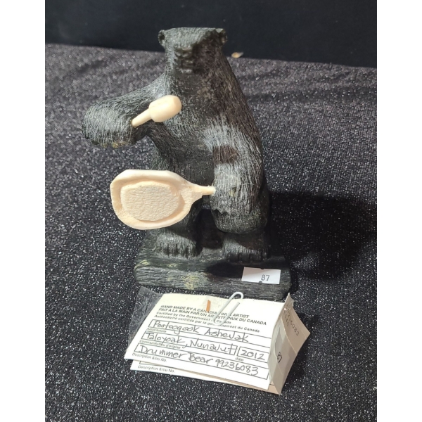 Indigenous Art Soapstone Drummer Bear w/ Bone Accents, Artist: Unknown, 3.5 W, 3.5 D, 6.5 T