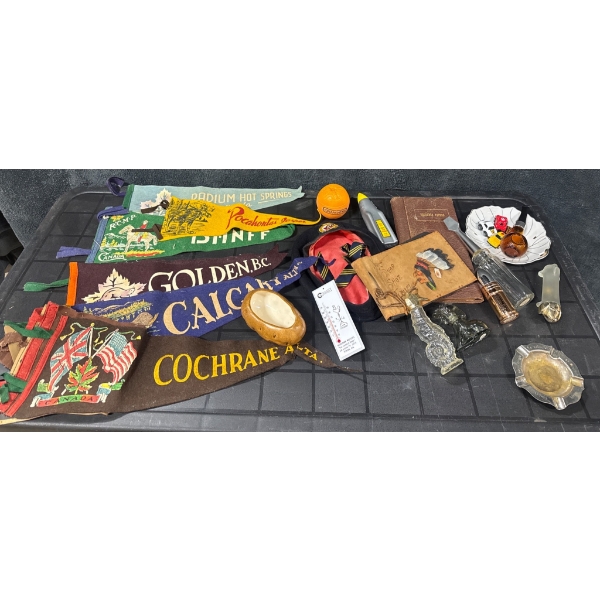 Collectibles, Including Souvenir Pennants, Figurines, Glass Canisters, and Cookware