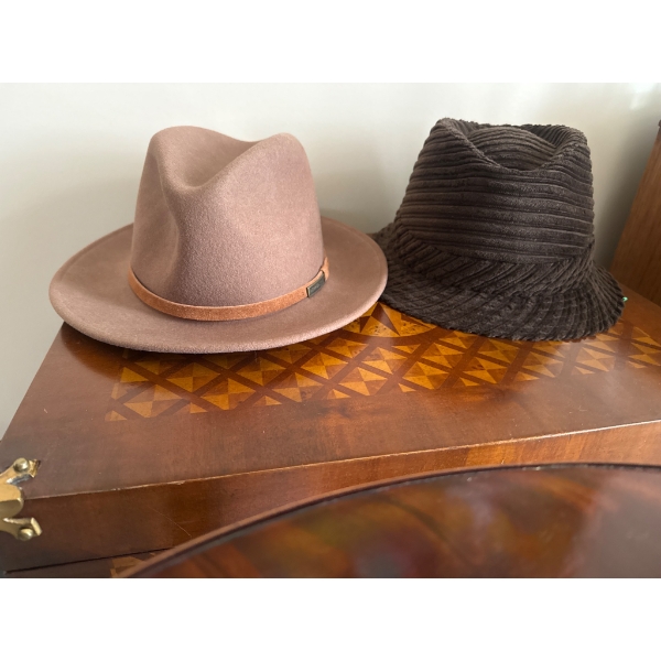 Hats: Brown Lite Felt Fedora by Eddie Bauer and Ribbed Corduroy Bucket Hat