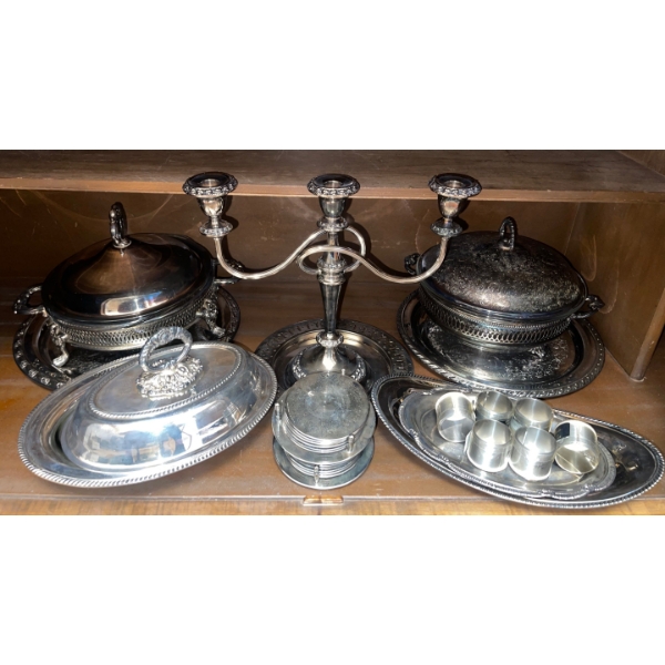 Collection Of Silver Plated Dinner/ Serving Items Candelabra, Coasters, Napkin Rings, Bowl w/Lid & M