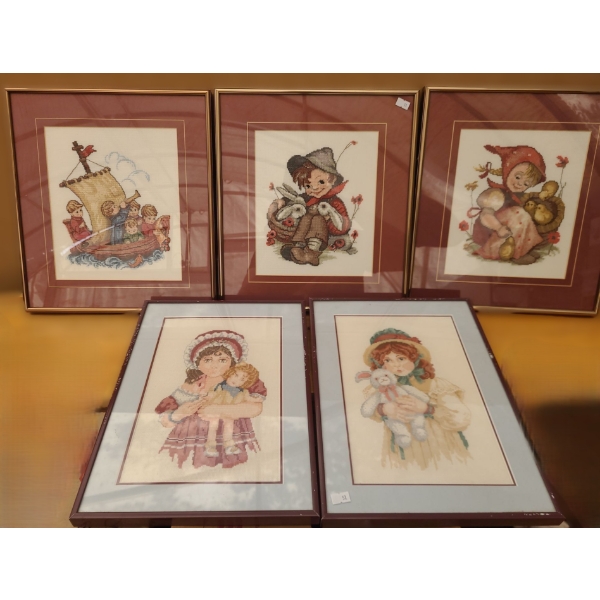 Needlepoint Art: Top Row w/ Maroon Matting: Three- 13 X 15, Second Row: Two- 11 X 15 