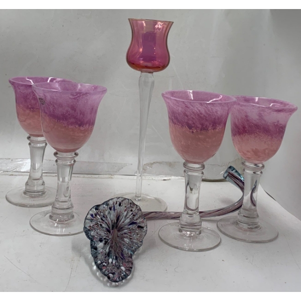 Home Essentials and Beyond Glasses (4) Plus Cranberry Candle Holder and Decorative Glass Flower 