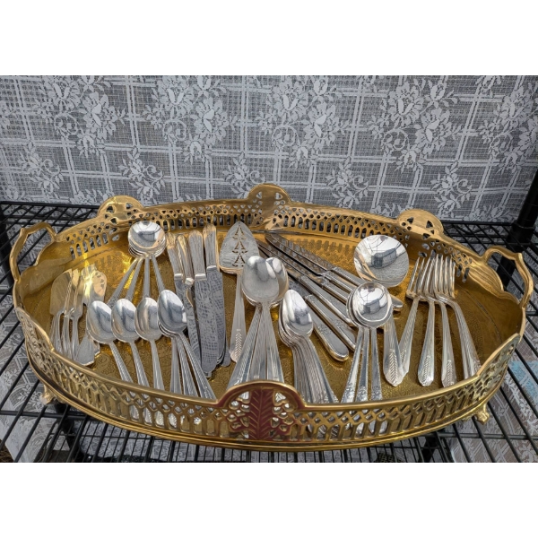 Brass Serving Tray with Embossed Design and Silver-Plated Cutlery Set