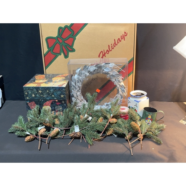 Holiday Decor Lot With Wreaths, Candle, Flower Frog, and More