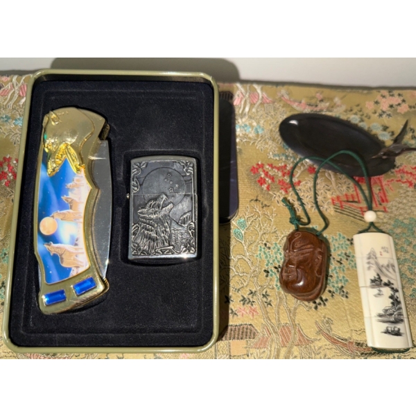 Indigenous Treasures -Wolf Pack Pocket Knife & Refillable Lighter w/ Bird Ash Tray Snuff Bottle & mo