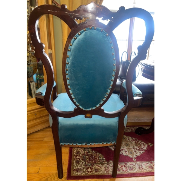 Dark Oak Victorian Reproduction Chair Teal Blue MINT Gorgeous 26W x 28D x 38T