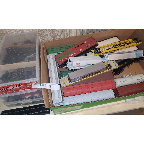 Box of Model Train Parts incl Wheels, Couplers & Trains that Require Small Repairs