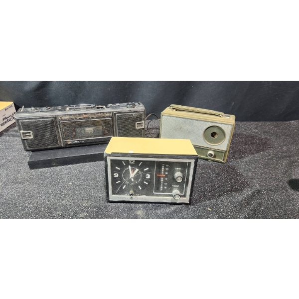 Three Vintage Electronics: General Electric Clock Radio, Holiday Radio, and Citizen Boombox