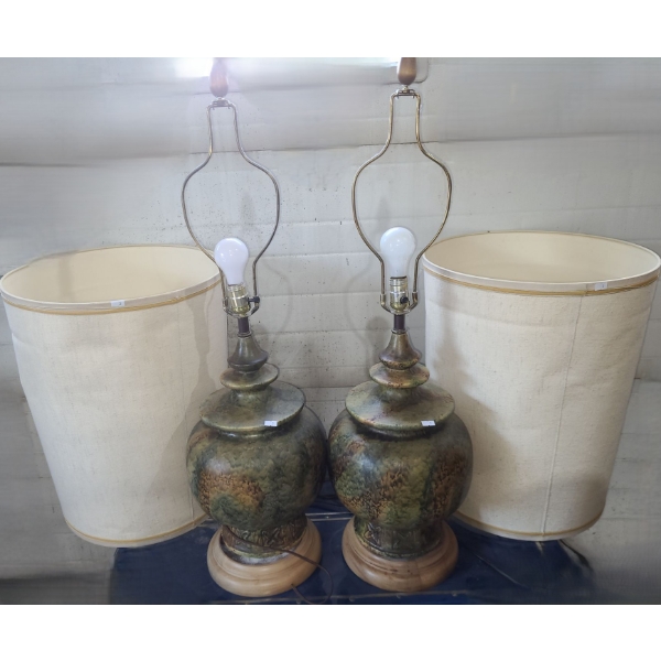 Pair of Ceramic Lamps w/ Painted Pattern and Wooden Base 36 T (To Top of Finial)