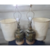 Image 1 : Pair of Ceramic Lamps w/ Painted Pattern and Wooden Base 36 T (To Top of Finial)