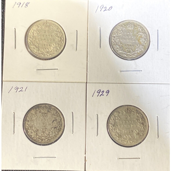 1918, 1920, 1921, and 1929 92.5% Silver Quarters 5.81 Grams Each