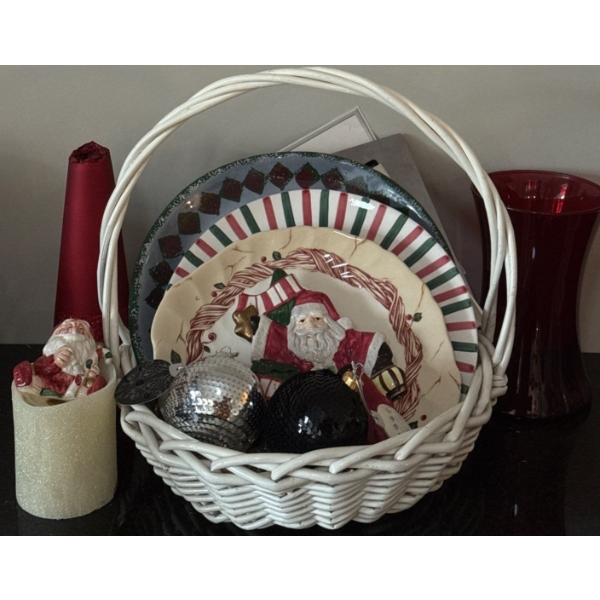 Basket Of Christmas Plates & Decor- Holiday & Seasonal