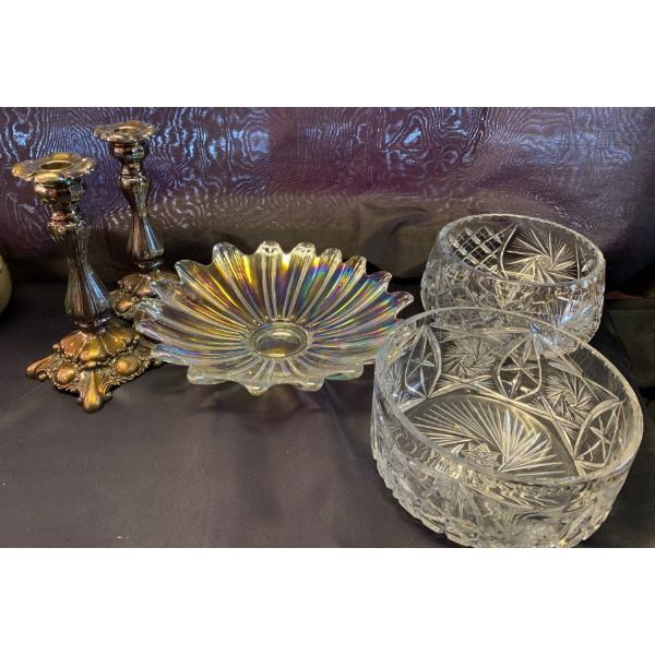 Carnival Glass Bowl w/ Pair of Vintage Buroqe Candle Holders & Crystal Serving Bowls