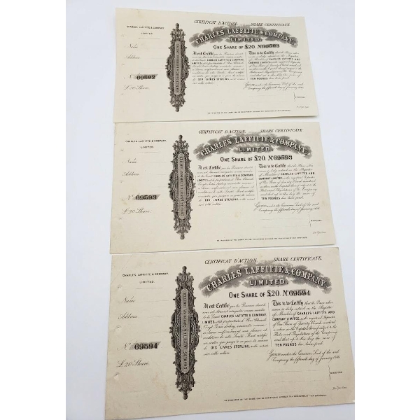  Vintage Share Certificates From The Charles Laffitte & Company Limited, Based In London.