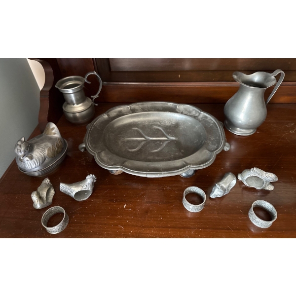 Pewter Collection - Antique I. Vickers Pewter Warming Plate, Pitcher, Pewter Chicken, Napkin Holders