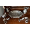 Image 1 : Pewter Collection - Antique I. Vickers Pewter Warming Plate, Pitcher, Pewter Chicken, Napkin Holders
