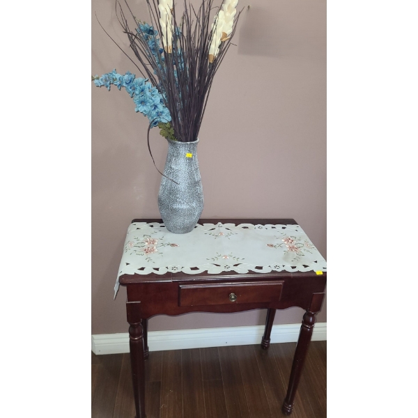 Hall Table w/ Drawer 28 W, 16 D, 31 T and Vase 4" Diameter Top, 14 T w/ Artificial Flowers/ Runner 