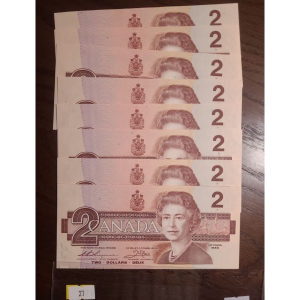Bank of Canada 1986- $2 Sequential Bills BUW1908425/ 26/ 27/ 28/ 29/ 30/ 31/ 32