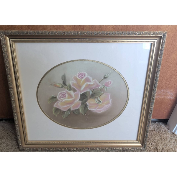 Framed Floral Artwork Signed by Artist with Ornate Gold Frame