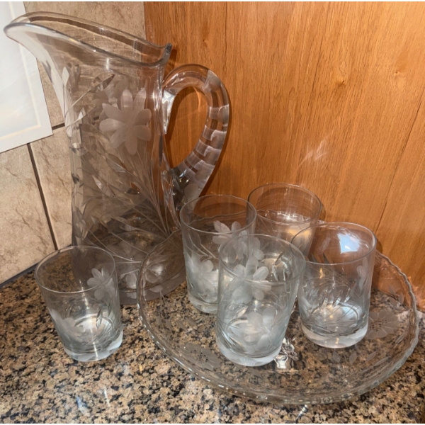 Vintage Pressesd Glass Lemonaid Set w/ Etched Floral & Leaf Patterns  