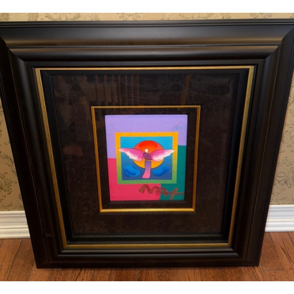 Peter Max "Angel with Sun On Blends" Mixed Media Artwork-Acrylic on Paper Framed (10x8"t)