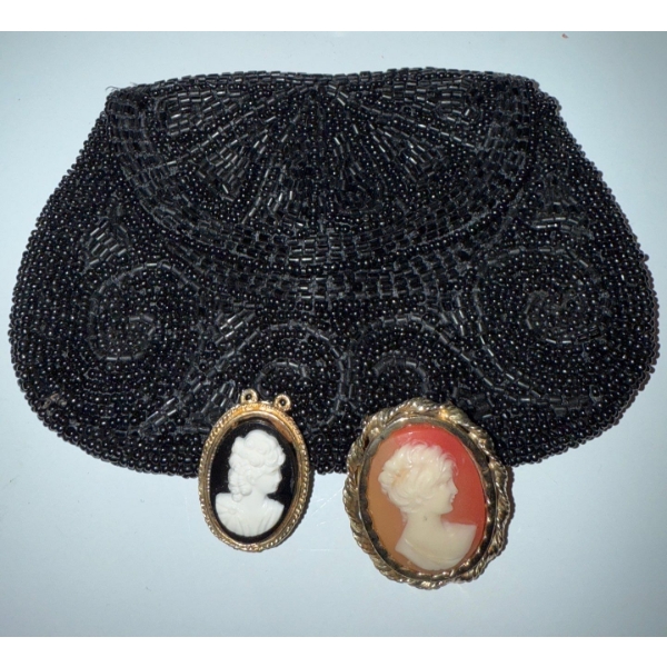 Beaded Small Clutch w/ Two Cameo Brotches