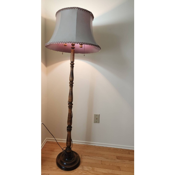 Vintage Floor Lamp with Wooden Base and Fabric Lampshade