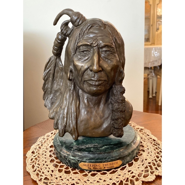Charles M Russel  -Sleeping Thunder Bonze On Marble Base 11T