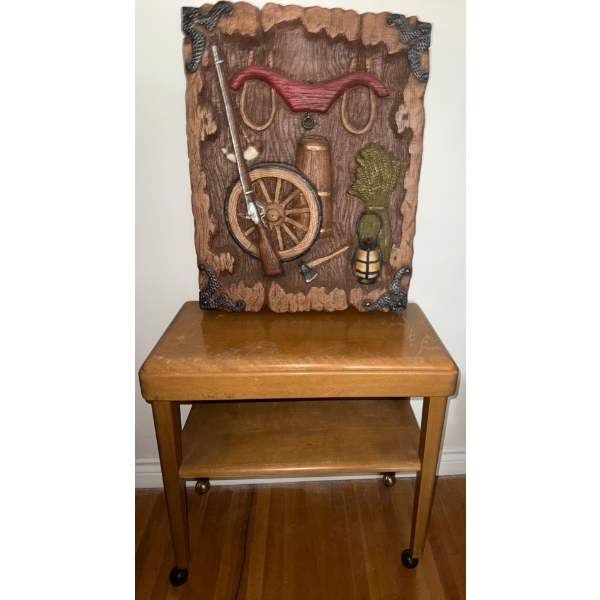 Vintage 3D Wall Plaque 21x26 & 2 Tiered Teak Table On Casters 