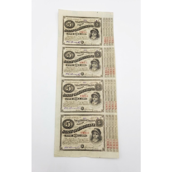 Rare, Authentic, Uncut Sheet Of Four 1870s State Of Louisiana $5 "Baby Bonds". 