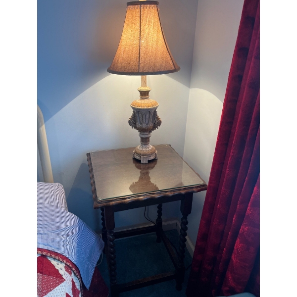 vintage lamp 30”tall and antique side table with twisted spindles and protected top with glass in gr