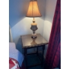 Image 1 : vintage lamp 30”tall and antique side table with twisted spindles and protected top with glass in gr