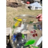 Image 5 : Oil lamp, glass cookie jar (has chip)Nabob coffee glass jar, Roger syrup, tin two enamel flower bowl