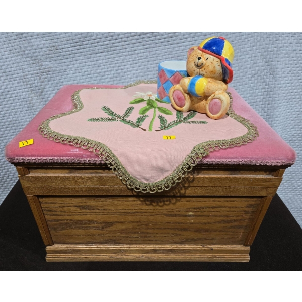 Solid Wood Pink Velvet Top Foot Stool W/Inner Storage Space + Handmade Doily + Teddy Bear Coin Bank