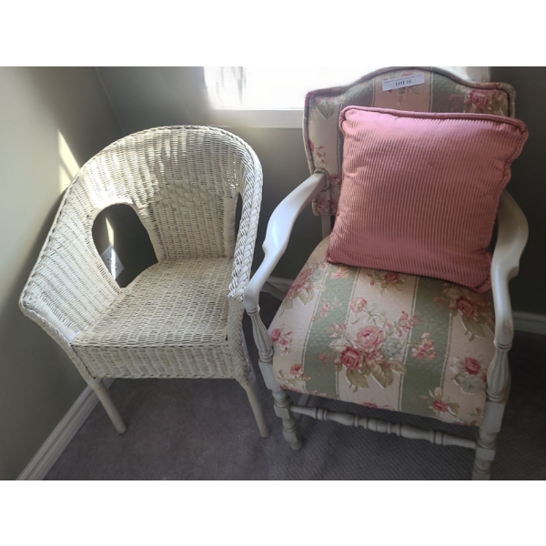 Upholstered Wooden Floral Chair 24 w 35 h & Wicker Chair