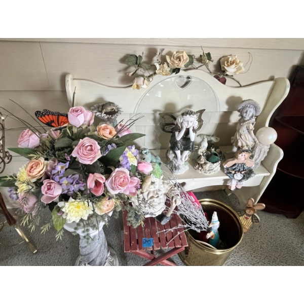 Cute little bench with garden/ home decor. Wicker basket with Flowers, ceramic pedestal, pots, stool