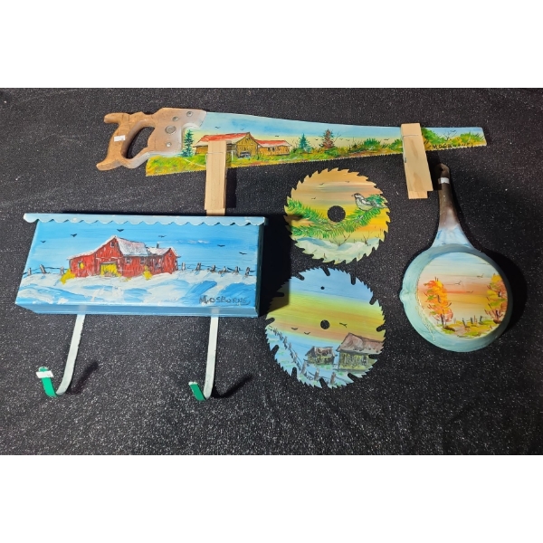 Artist: M.Osborne- Painted: Saw 30" W, Mailbox 16 X 7.5 (Not Incl. Hooks), Saw Blades, Pan 7 X 14 