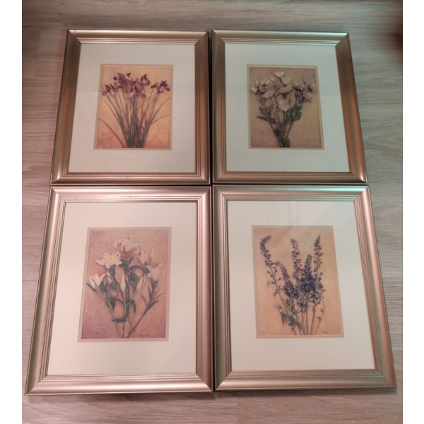 4 Floral Art Prints In Gold Beveled Frames 21"Tall