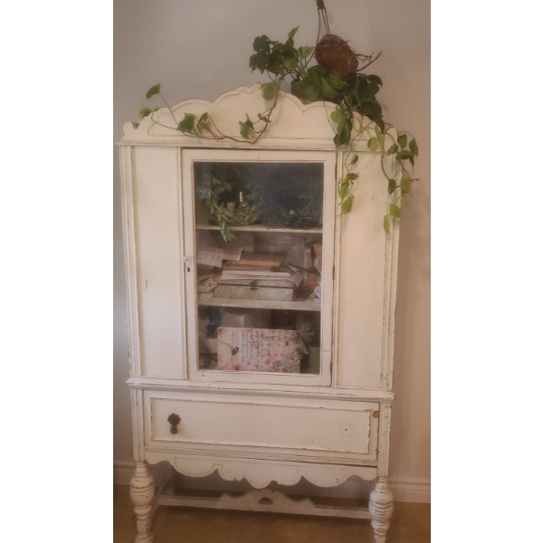 Distressed White Painted Display Cabinet with Glass Door and Lower Drawer