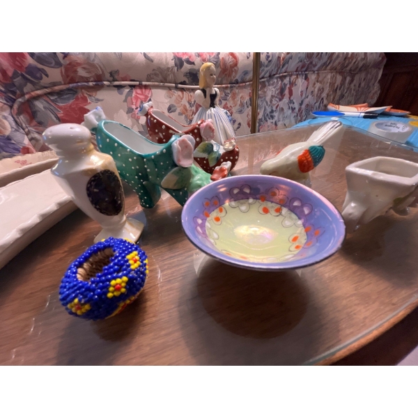 -collection of small porcelain figurines from occupied Japan, and two small candy dishes, and small 