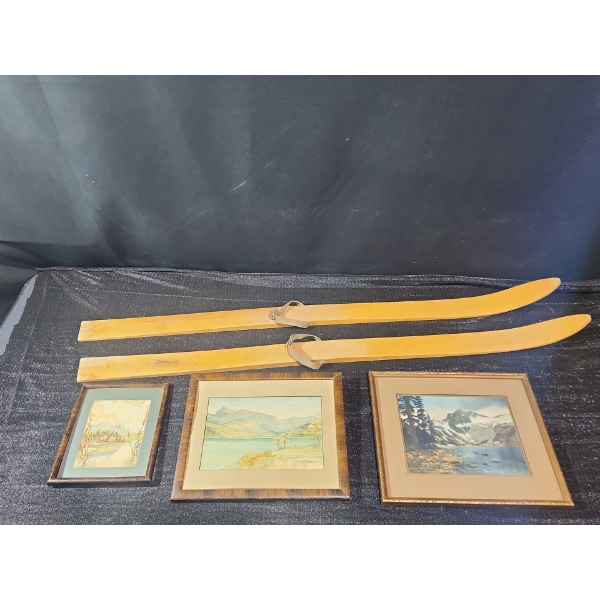 Mid Century Wooden Skis and Mountain Art