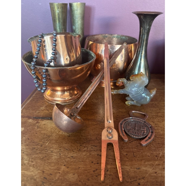 Copper Cookware Utensils Onyx Horse & 3 Indian Brass Vessels 10"Tall