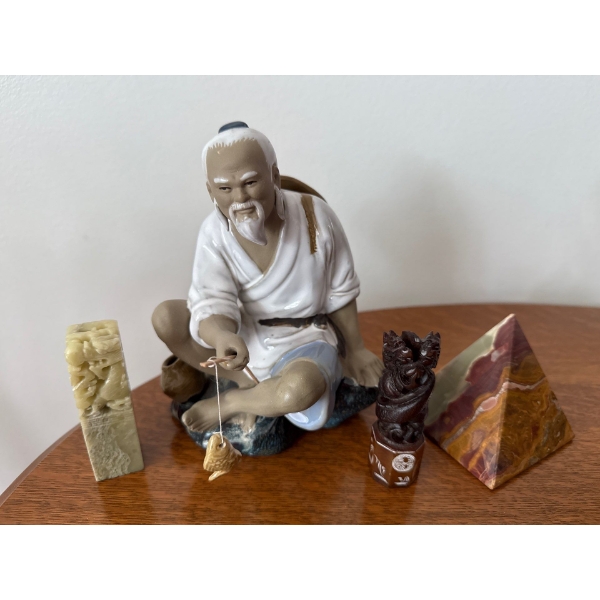 Oriental Decor - Stoneware (26) Fisherman (7T), Asian Stone Name Stamps (2), Green Onyx  Pyramid