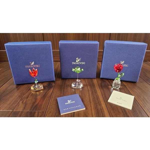 Swarovski Crystal Flowers Collection: Tulip, Clover, and Rose with Boxes