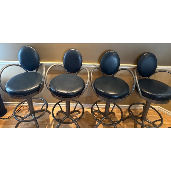 Genuine Leather Bar Stools - Black Swivel Chairs w/ Metal Frame & Armrests 33'Tall