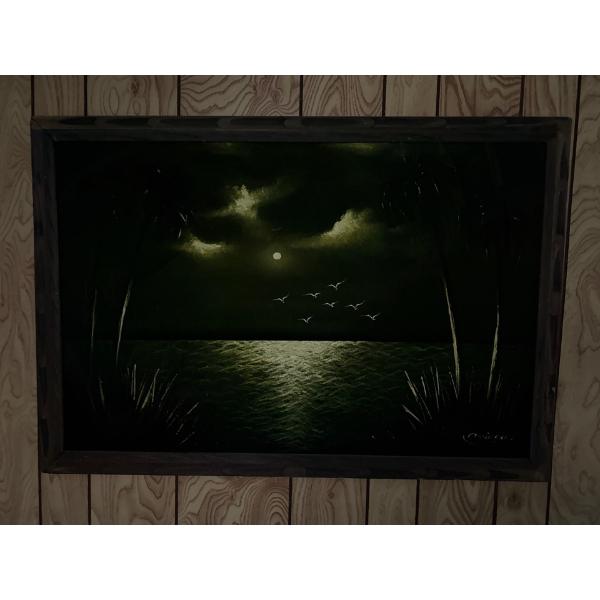 Black Velvet Beach Scene, Illegible Signature, 40x27 