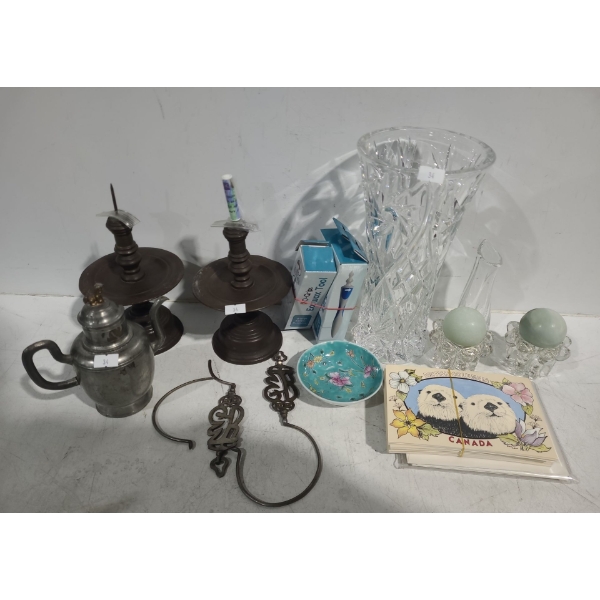 Metal Candlesticks 4.5 W, 9 T, Tallest Vase 5" Diameter Top, 10 T, Metal Teapot 6.5 T and More! 