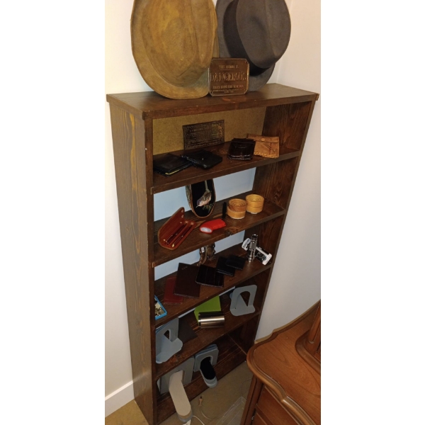 Small Book Shelf w/Assortment of Goodies- Hats, Pen, Wall Hanging, Wallets & More  24"w x7"d x 54"t